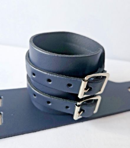 Leather Two Strap Wrist Band Brace Support - Gym Weight Lifting Wrap - Various Colours (Navy Blue)